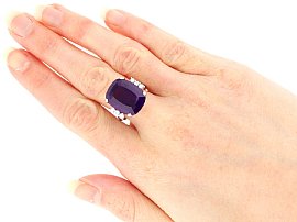 Cushion Cut Amethyst Engagement Ring wearing